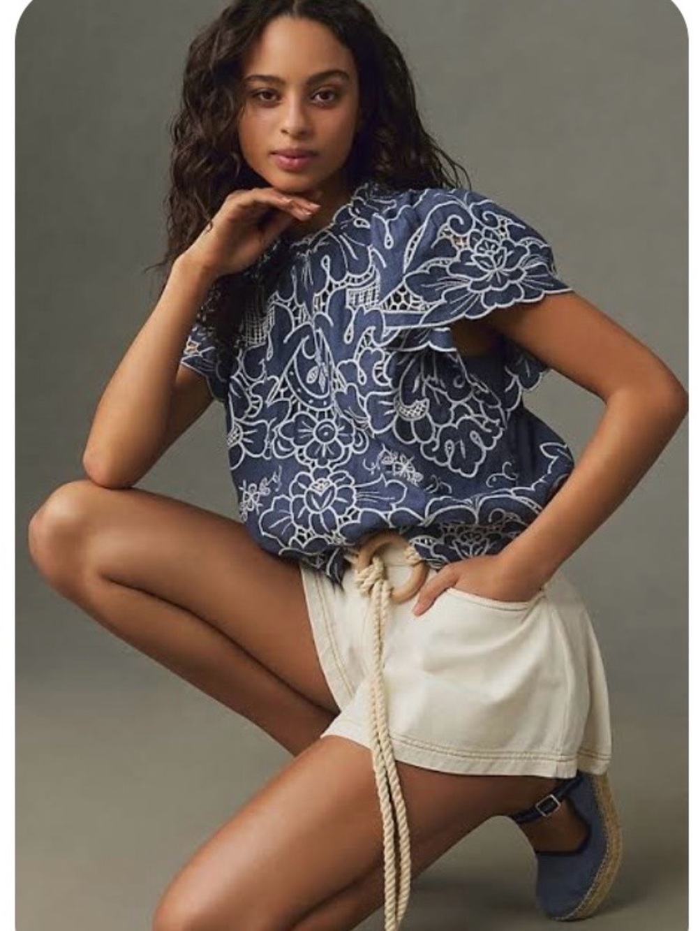 NWT Anthropologie Lace Cutout Blue Embroidered Blouse Sz L